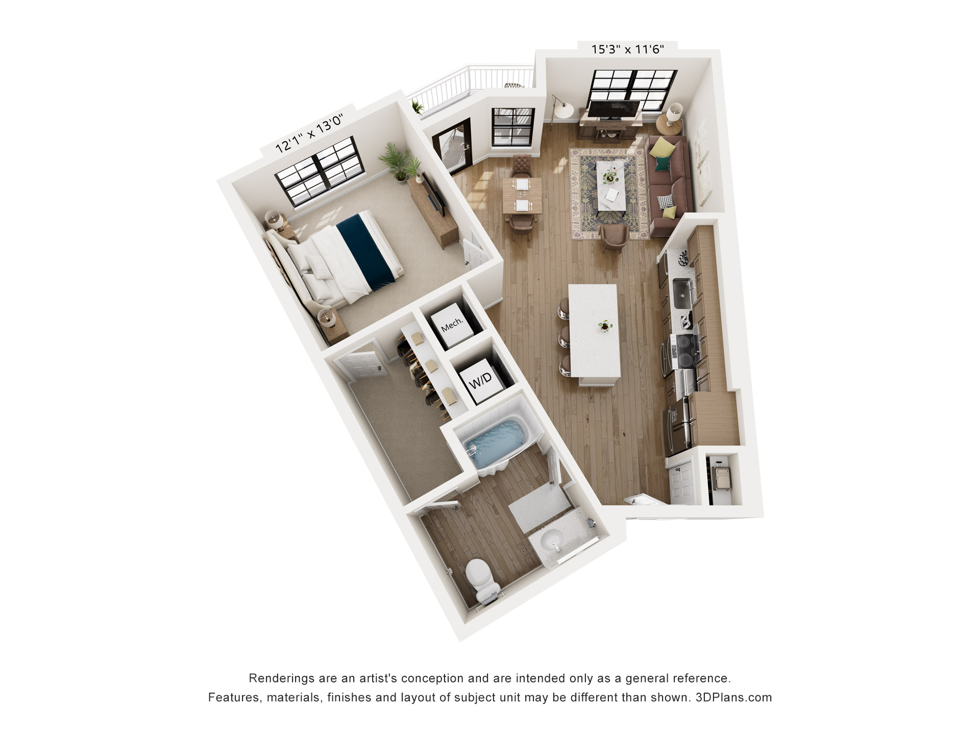 Floor plan for 1 bed, 1 bath, 829 sqft